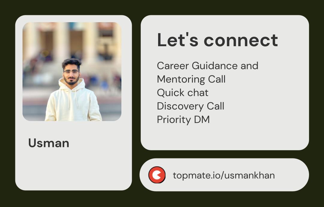 UsmanKhanDev's tweet photo. As someone who has been in the industry for 5 years, I believe it's important to give back to the community and help others succeed in their careers. That's why I've joined Topmate to help you guys. 

And guess what? It's totally free of cost.
I'm at https://t.co/XuDuRxoAP1 https://t.co/BqrEMbf6pi