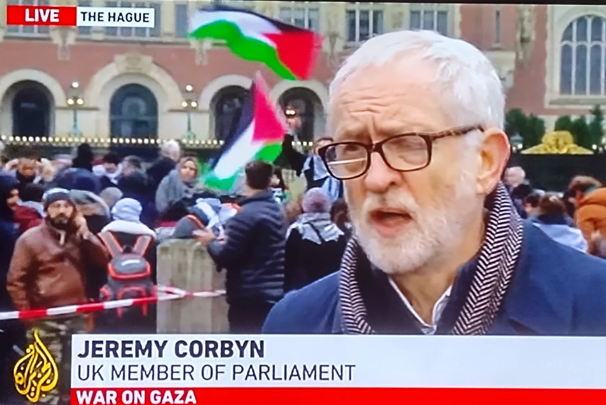 You can't keep a good man down.
 Corbyn who is at the Hague, to support the South African case against Israel has been fighting for the Palestinians for years and he is on the right side of history yet again. 👏 #JeremyCorbyn