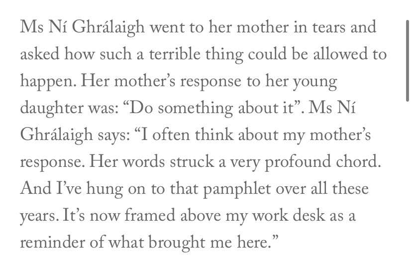 Blinne Ní Ghrálaigh was inspired to become a lawyer after learning about Majella O’Hare, a 12 y/o child from Armagh who was shot in the back & killed by a British soldier in 1976 She went crying to her mother and her mother said, ‘Do something about it’ Now look where she is