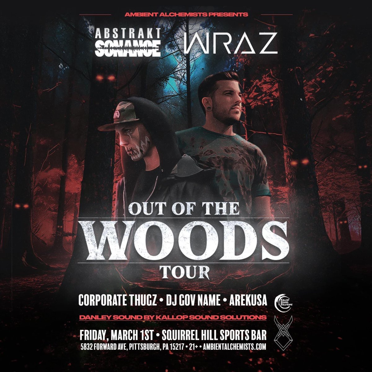 AmbientPgh's tweet image. But the enchantment doesn't end there! On 3/1, the Out Of The Woods Tour featuring the mesmerizing talents of WRAZ &amp;amp; ABSTRAKT SONANCE will transport you to a realm of the Deep, Dark, &amp;amp; Dangerous sonic wonder at The Squirrel Hill Sports Bar. 
#pittsburghedm #ambientalchemists