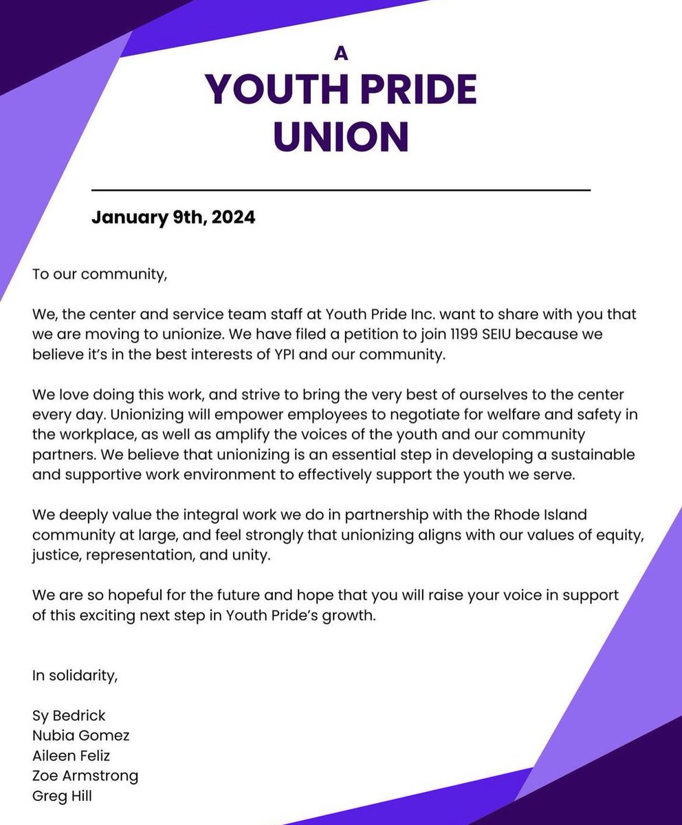 Congratulations to the hard working staff of Youth Pride for taking the steps to unionize with SEIU 1199!

Solidarity Forever ✊🏽