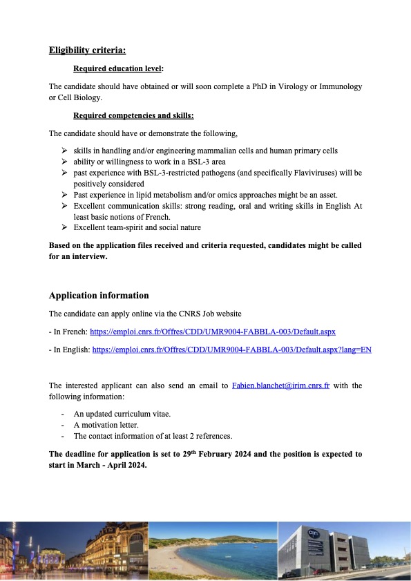 A 2 year post doc position at the <a href="/IRIM_life/">IRIM</a> in Montpellier in the team of Fabien Blanchet to work on the host lipid metabolism and Dendritic Cells immune responses in the context of Dengue Virus infection. Apply 👇