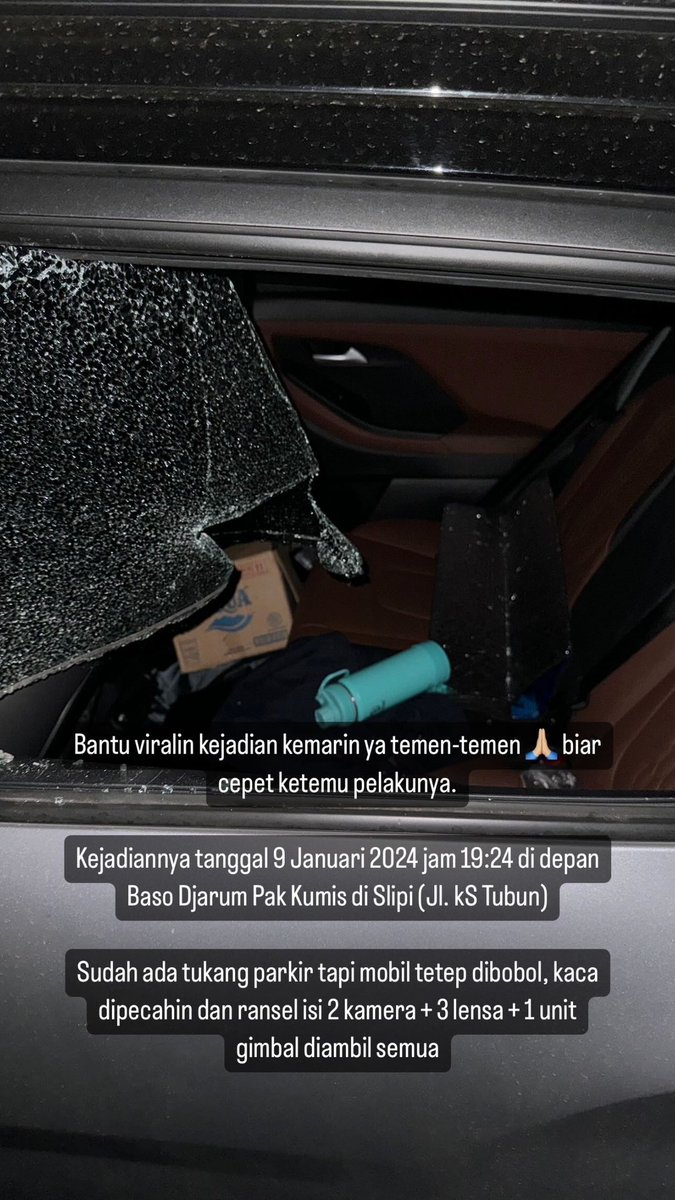 Siglenno's tweet photo. Halo teman-teman mau sharing kejadian ga enak yang baru menimpa gw beberapa hari lalu tepatnya di tanggal 9 Januari 2024. Kaca mobil gw dipecahin dan ransel gw yg berisi kamera dan equipment2 lain diambil pas lagi makan di Baso Djarum Pak Kumis di jalan KS Tubun daerah Slipi. https://t.co/v9onASUg0R