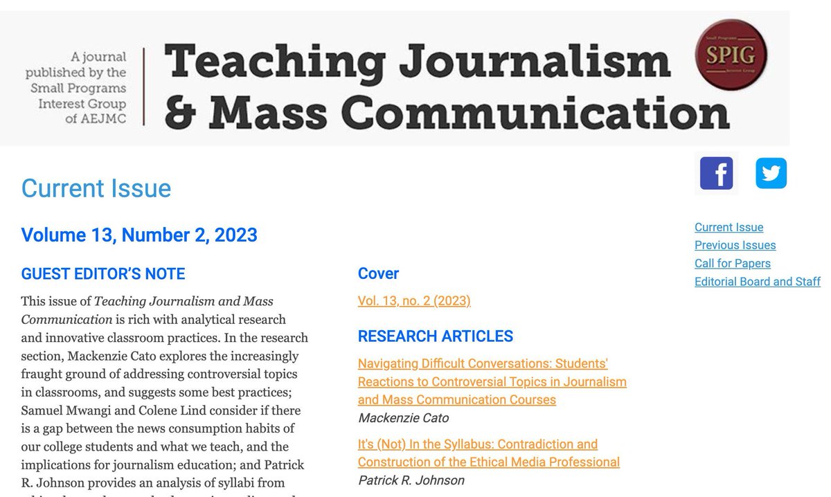 aejmcspig's tweet photo. Our TJMC Journal guest editor @jincoll has compiled a stellar issue including @PR_Johnson, @roxanecoche and many others. The topics range from digital storytelling to media effects. Check it out online at no cost. https://t.co/3wJPdI2Mlt https://t.co/1QTQ5EqPZE