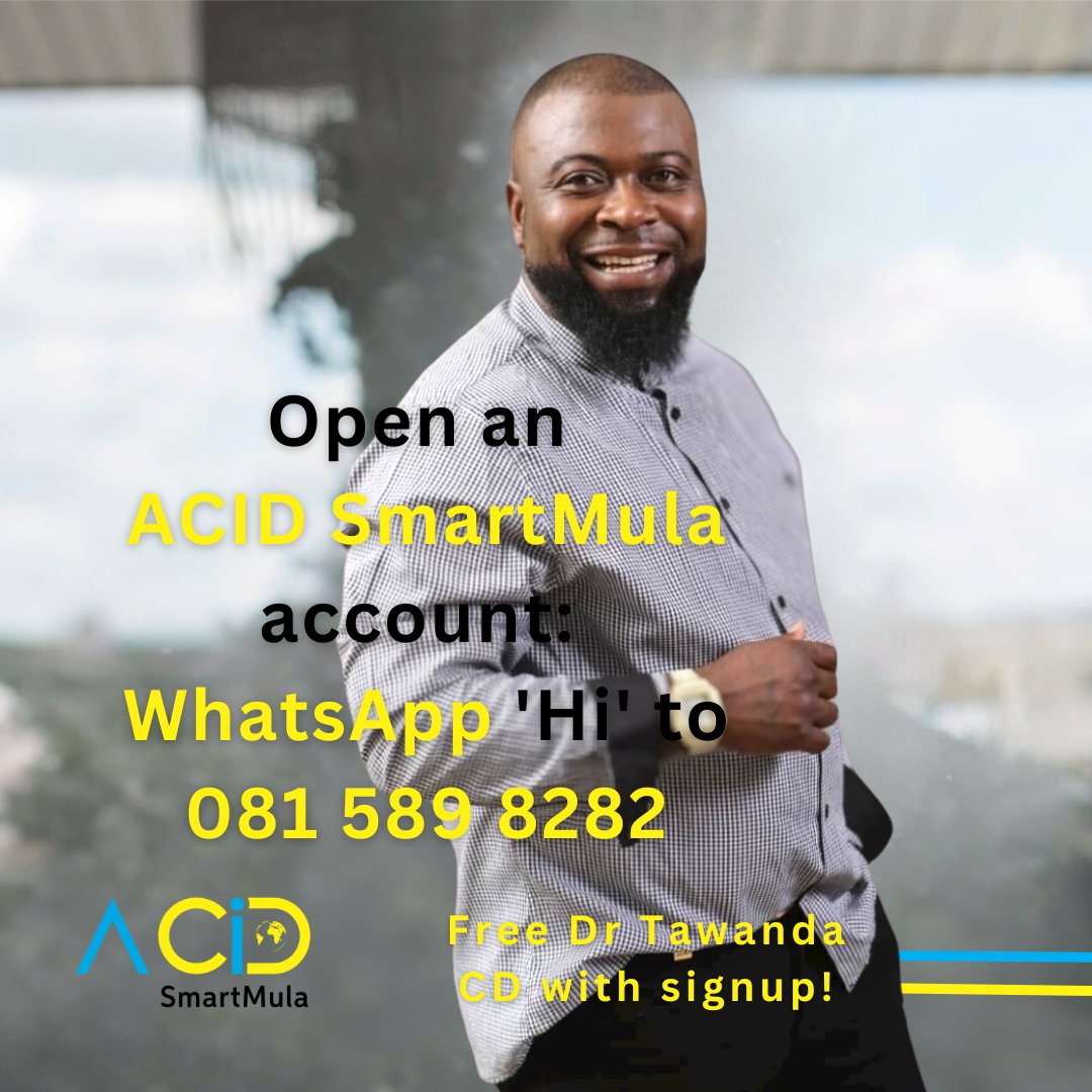ACID SmartMula is giving away a complementary Doctor Tawanda CD when you sign up and activate an SmartMula account.

WhatsApp "Hi" to 081 589 8282 to sign up.

#ACIDSmartMula #BankingMadeEasy #WelcomeToEasyBanking

*limited offer