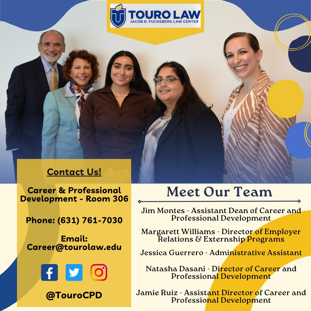TouroLawCPD's tweet photo. Allow us to reintroduce ourselves! 👋 We here at the Office of Career and Professional Development (OCPD) are eager to assist and advise you as you transition from student to legal professional. https://t.co/Obf0sTWTI5