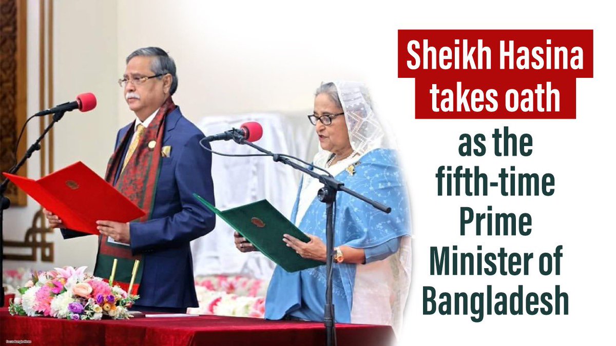 albd1971's tweet photo. Sheikh Hasina has been sworn-in as the Prime Minister of Bangladesh for the fourth consecutive term – the fifth overall - after she led Awami League party to a massive victory 7 January's parliamentary election.
President Mohammed Shahabuddin conducted the oath of office and secrecy at a ceremony in Bangabhaban.

#Bangladesh #SmartBangladesh #Cabinet #SheikhHasinaSwearingIn #CabinetSwearingIn #AwamiLeague #SheikhHasina