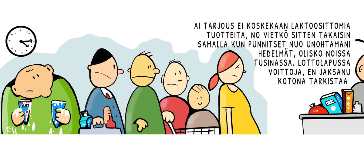 Esaholle's tweet photo. Vaikka aamupaivällä kaikki osui ja upposi mukavasti niin taas kerran eskortin kassalla jouduttiin sakkokierroksille.
#sarjakuva #sarjis #jonotus https://t.co/aW8EE985Wk