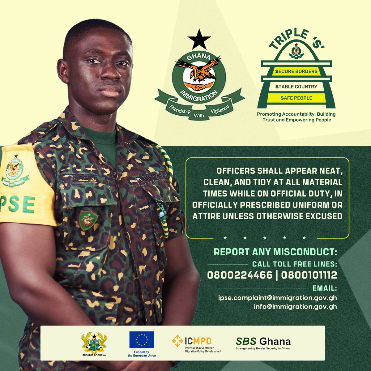 Gha_Immigration's tweet photo. The on-duty outlook of officers is required to be orderly, hygienic, and organized, in accordance with the officially designated uniform or attire, unless there are valid exemptions.
#GISCodeOfConduct
#CodeOfConduct
#UpholdingExcellence
#MigrationMangement
#EU
#ReportingMechanism https://t.co/xiPsy4JpMQ