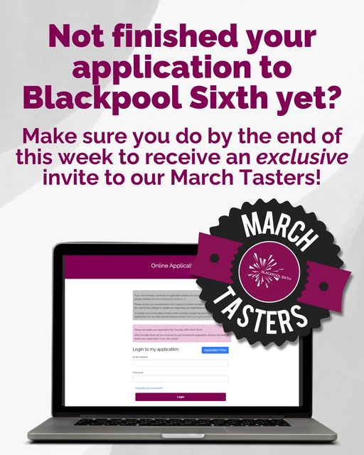 ⚠️Incomplete applicants, this is your warning so you don't miss out on our March Tasters. ⚠️

Complete your application by the end of this week to get your exclusive invitation to our March Tasters.
Just log in to complete: blackpoolsixth.ac.uk/apply
admissions@blackpoolsixth.ac.uk