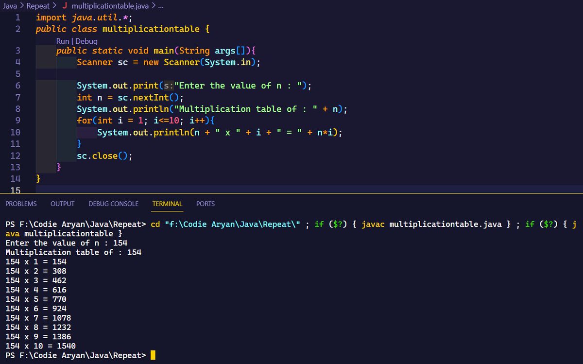 CodieAryan's tweet image. Day 11: Mastering the art of multiplication! Programmed a Java script to take user input and print the multiplication table. 🔄🔢 Elevating coding skills one table at a time! #JavaProgramming #MultiplicationTable #Day11 #100DaysOfLearning