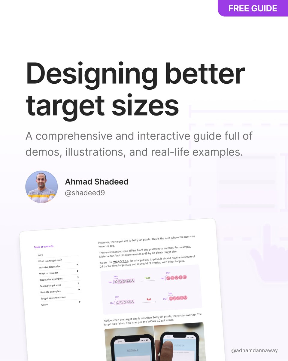 AdhamDannaway's tweet photo. 👆 Designing better target sizes

A free interactive guide full of demos, illustrations, and real-life examples.

By @shadeed9

Link below 👇

#design #ux #uxdesign #css https://t.co/9yl0uhaTx0