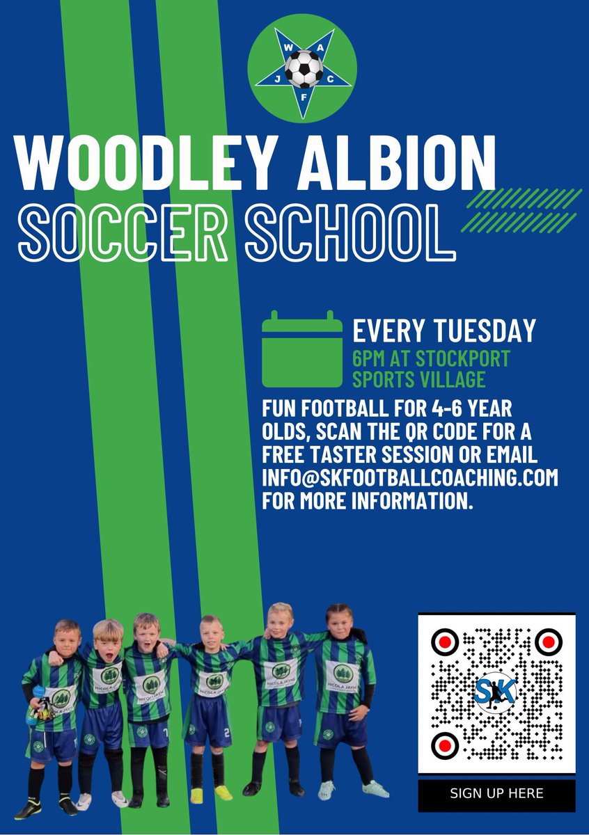Did your Reception or Year 1 child set a New Years Resolution to become a footballer this year? If yes, come along to our soccer school every Tuesday at SSV in Woodley 6-7pm in conjunction with @skfootballcoaching 
Just scan the QR code to register for a free taster session
