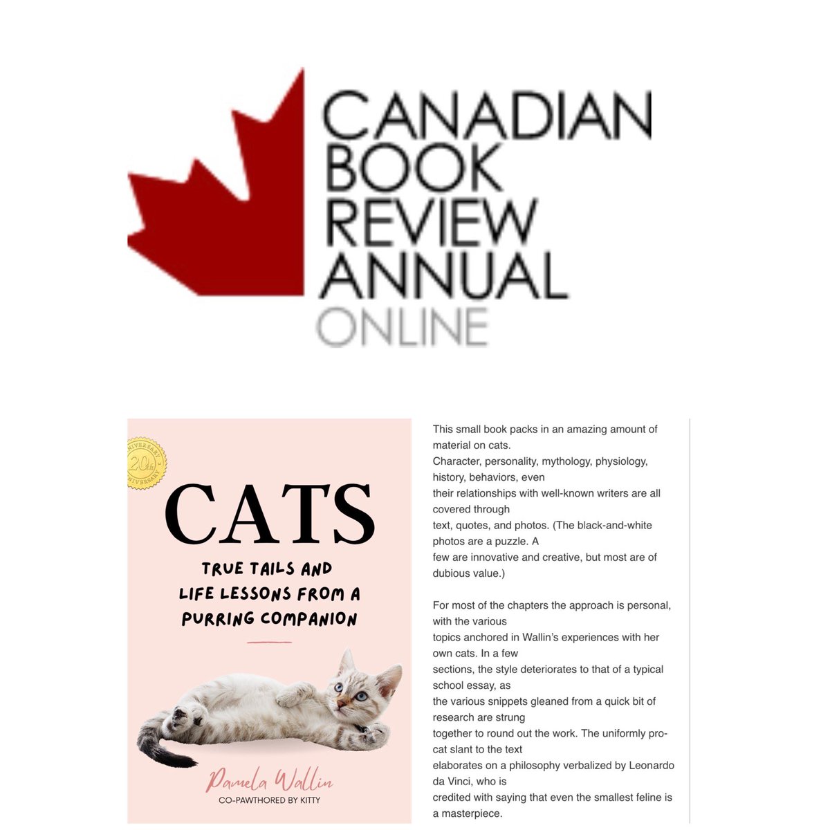 sashastoltz's tweet photo. Thanks to the Canadian Book Review on the great review of #rebooks Author Senator #panelawallin new book “CATS. True Tails Of a Purring Companion” #sashastoltzpublicity #BookReview #cats #companion #mentalhealth #readthenorth https://t.co/3M0Ls0zvwF