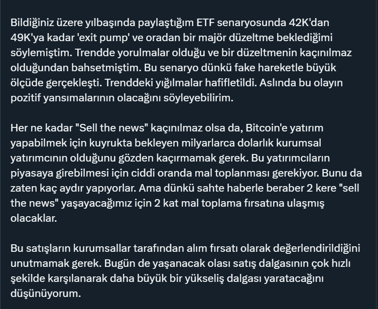 ETF senaryomda belirttiğim 42K'dan 49K'ya olan 'exit pump' gerçekleşti.✅ Fake onay twitini de sayarsak 2. 'Sell the news'i yaşıyoruz. ✅ ETF'ler beklenenden daha büyük bir ilgiyle işlem görmeye başladı. Bu düzeltme kurumsalların mal toplayabilmesi için biraz bıktırıcı hal…