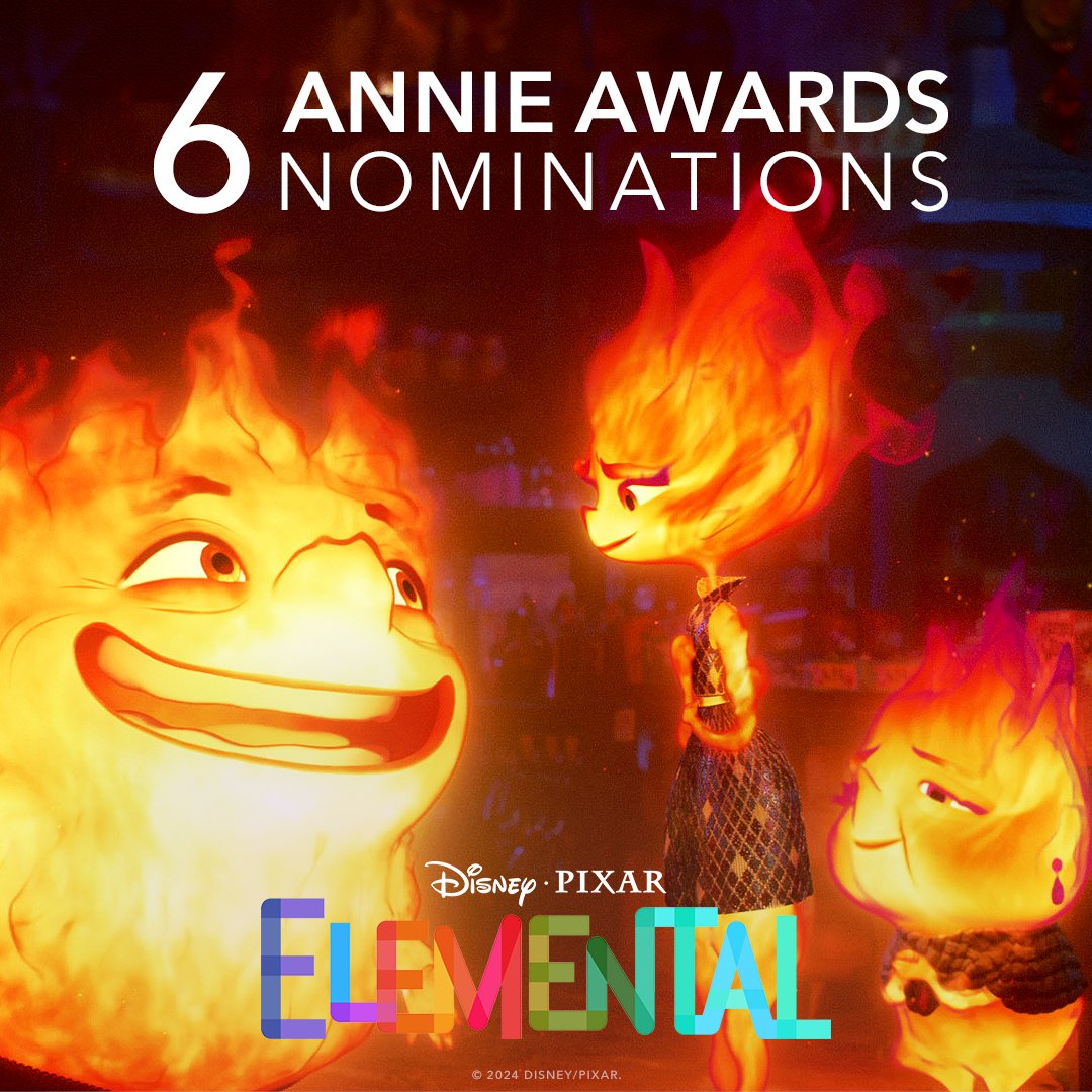 Congratulations to the cast and crew of Disney and Pixar's Elemental on their 6 Annie Awards nominations!🔥