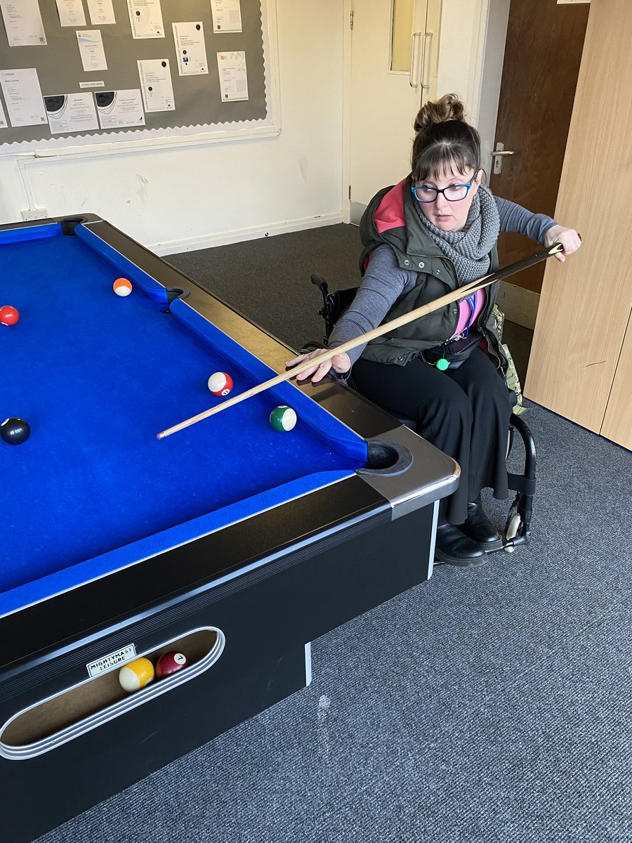 krissymoulder's tweet photo. Today was pool at break time…..I got beat 🤦🏻‍♀️🤣 #inclusion #inclusionsupport #adayinthelifeofkrissyhotwheels #believingisachieving https://t.co/jqAXHwRzbN