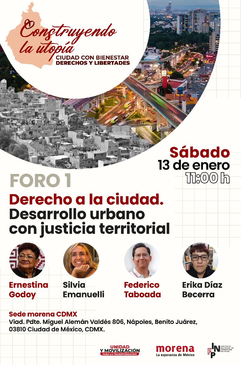 A_Encinas_R's tweet photo. Pensemos una ciudad con desarrollo urbano y justicia territorial.

Esta sábado iniciamos los foros públicos para construir el Programa de Gobierno de la Ciudad de México. No falten!

📍Viaducto Miguel Alemán 806
📆 Sábado 13 de enero, 11 horas https://t.co/irDQkgAt5M