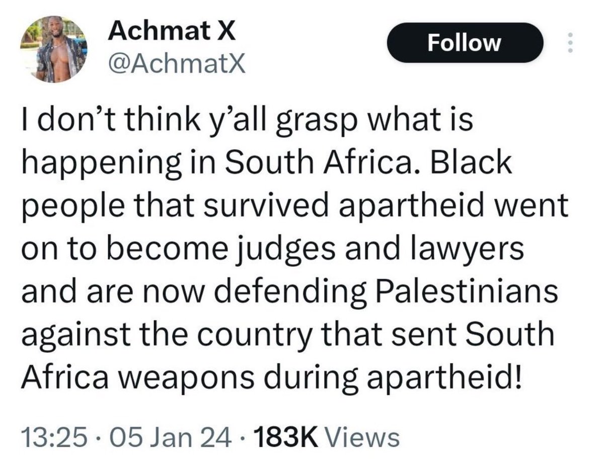 mohammedakunjee's tweet photo. South Africa’s civilised response to its one time abusers engaged today. 

The dna of Nelson Mandela’s character  was clear in the excellent submissions deployed by South Africa’s legal team at the ICJ .

I say without reservation the legal team did the nation of South Africa and humanity in general proud.  

Very well done 👏 and our gratitude to you good people.