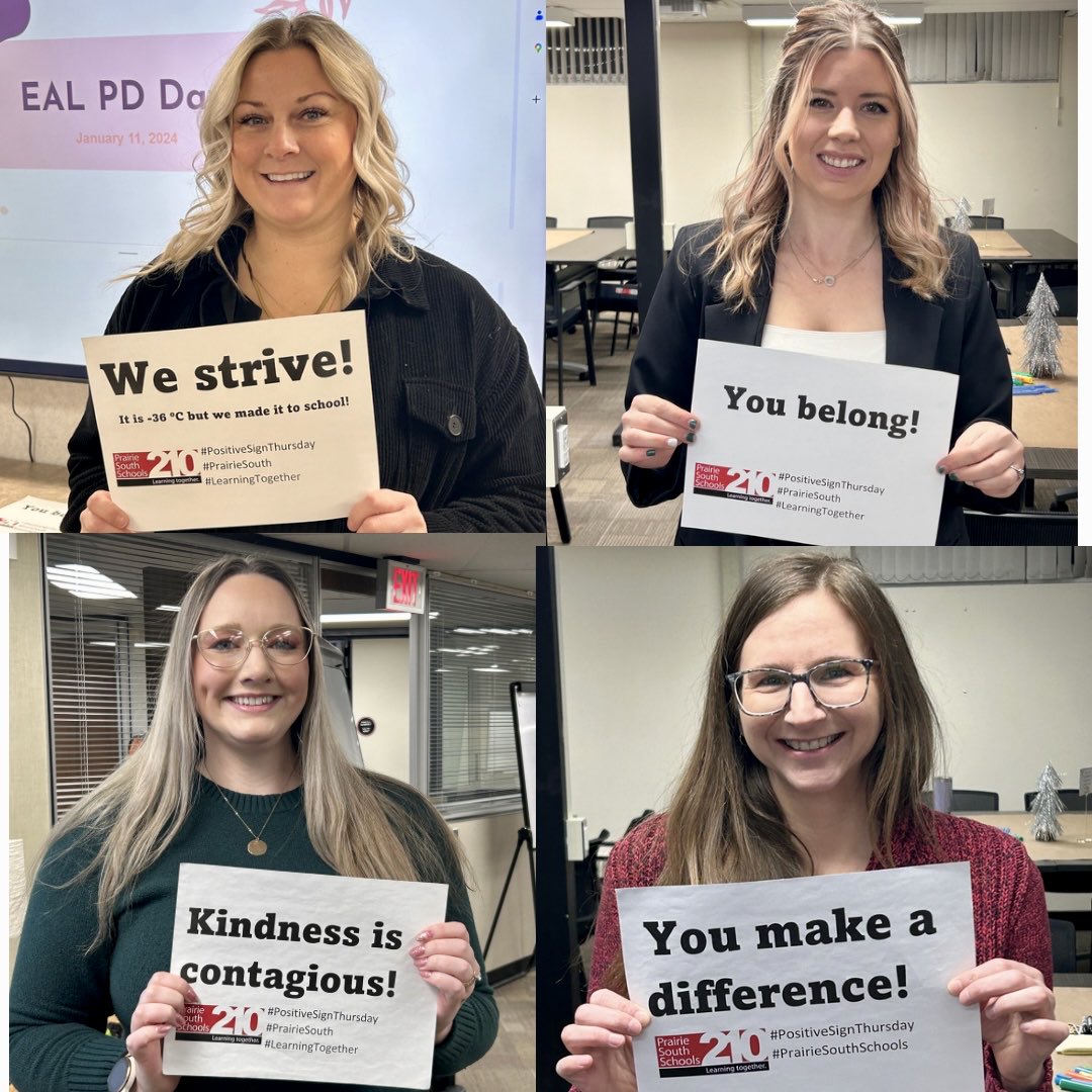 DustinSwanson's tweet image. It is #PositiveSignThursday today in Prairie South. Thank you to some of the learning department team for participating this week. We strive! You belong! ⁦You make a difference! ⁦@PrairieSouth⁩