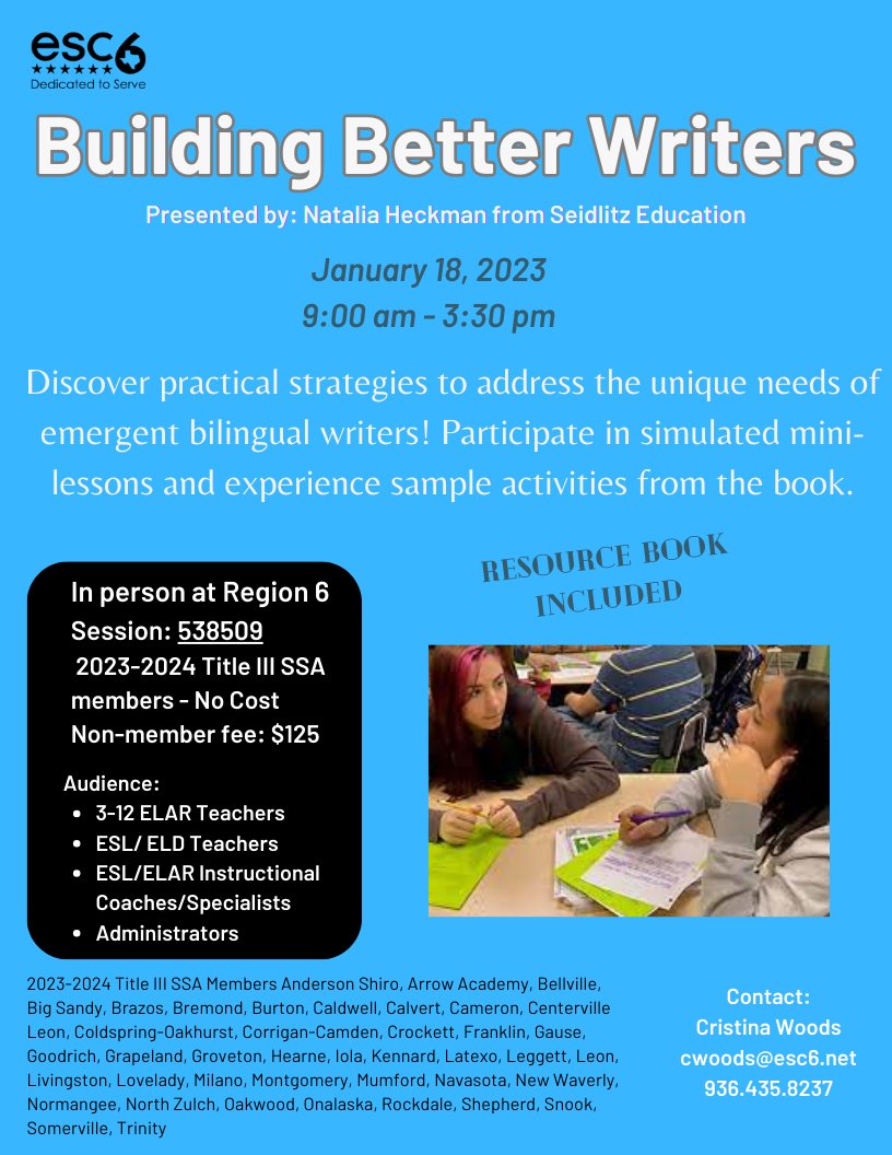 VZuniga_PreK's tweet photo. This is a phenomenal training that will equip your teachers with meaningful ways to get your EB students writing!! This session will be presented by and based on the new book, Building Better Writers by Natalia Heckman of Seidlitz Education. https://t.co/gWmRSFtBD1