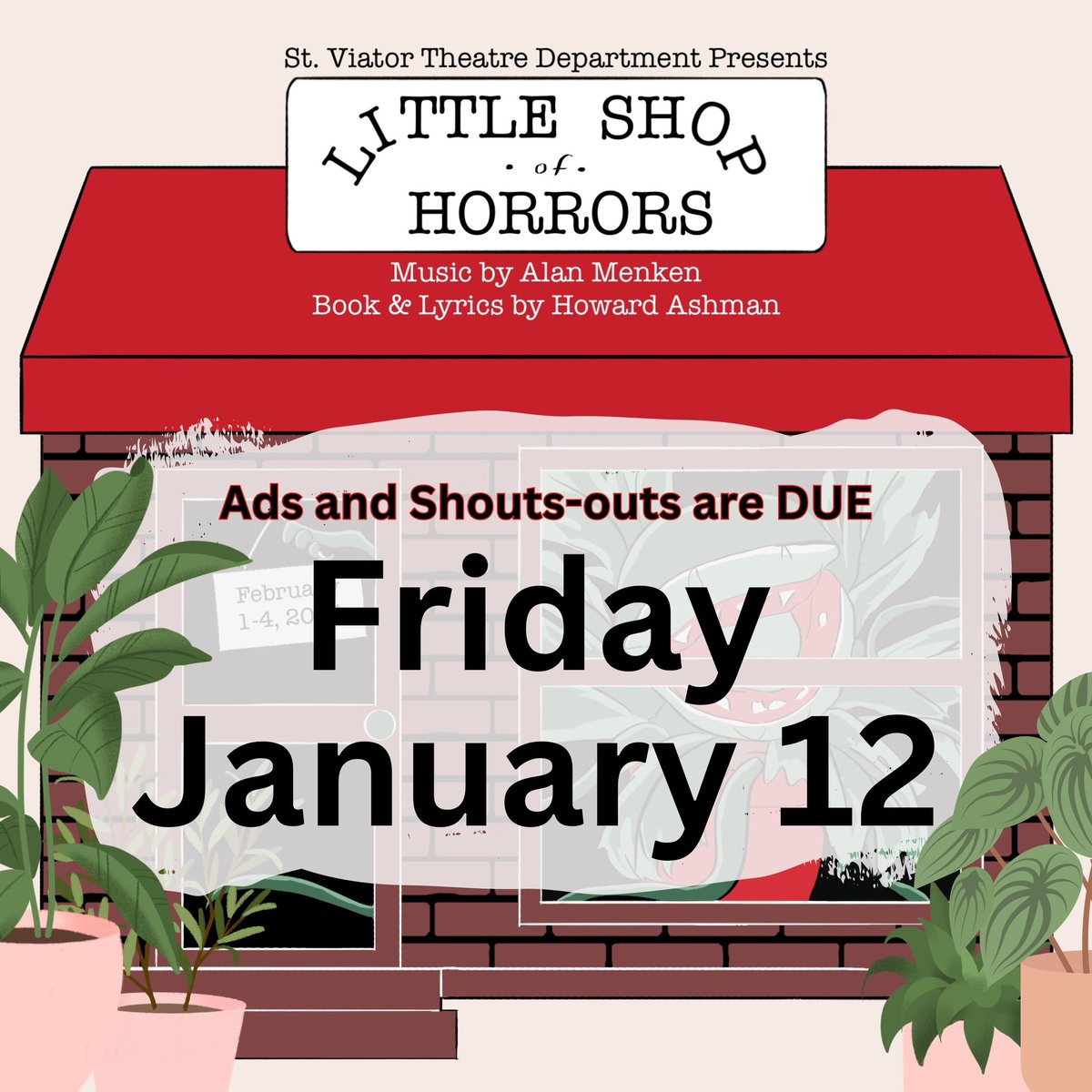 stviatortheatre's tweet photo. Please support the SVHS Theatre Department &amp; our LITTLE SHOP team by placing an AD or SHOUT-OUT in our full-color musical playbill! Ads and shout-outs are due TOMORROW (Fri, Jan 12th)! Please email svhsmusical@gmail.com with any questions or to reserve your ad or shout-out today! https://t.co/smxrm77xEO