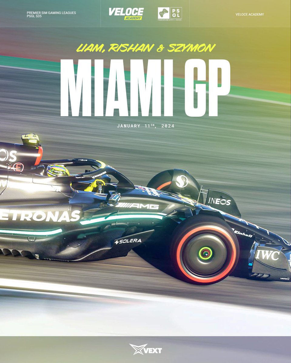 RACEDAY | @PremierSimGL 🇺🇸

Tonight PSGL PC F2 head to Miami for the ninth round of #PSGLS35! 🐬

Liam Stevens, Rishan Jacobs & Szymon Łukomski will be racing. 🌴

Best of luck boys! ⭐️

#VivaVeloce