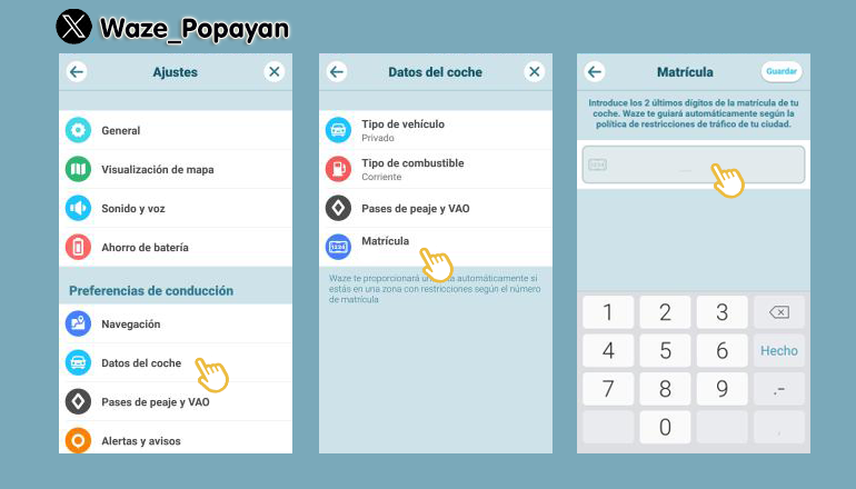 Waze_Popayan's tweet photo. Configura tu app para que #Waze te indique si estás o no de #PicoyPlaca en tu ciudad, ingresa en: Ajustes > Datos del coche > Matrícula (ingresa los dos últimos dígitos de la placa)
#WazeTips #EsFacilEsWaze https://t.co/zGjgiOjf7r