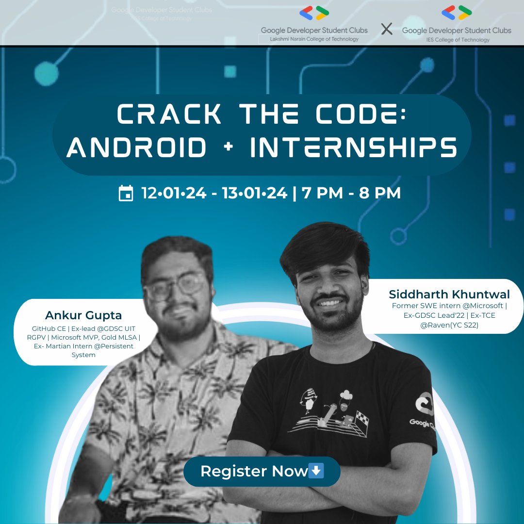 gdsclnct's tweet photo. Gear up for an exhilarating ride through Android's secrets and a roadmap to internship success!🔥
•Android session by Ankur Gupta
📅  12th Jan, 7 pm
✅ RSVP : https://t.co/J2a76zhYML
•Internship Roadmap with Siddharth Khuntwal
📅  13th Jan, 7 pm
✅RSVP:https://t.co/tuPt2QsoDS https://t.co/f8llpqA1z5