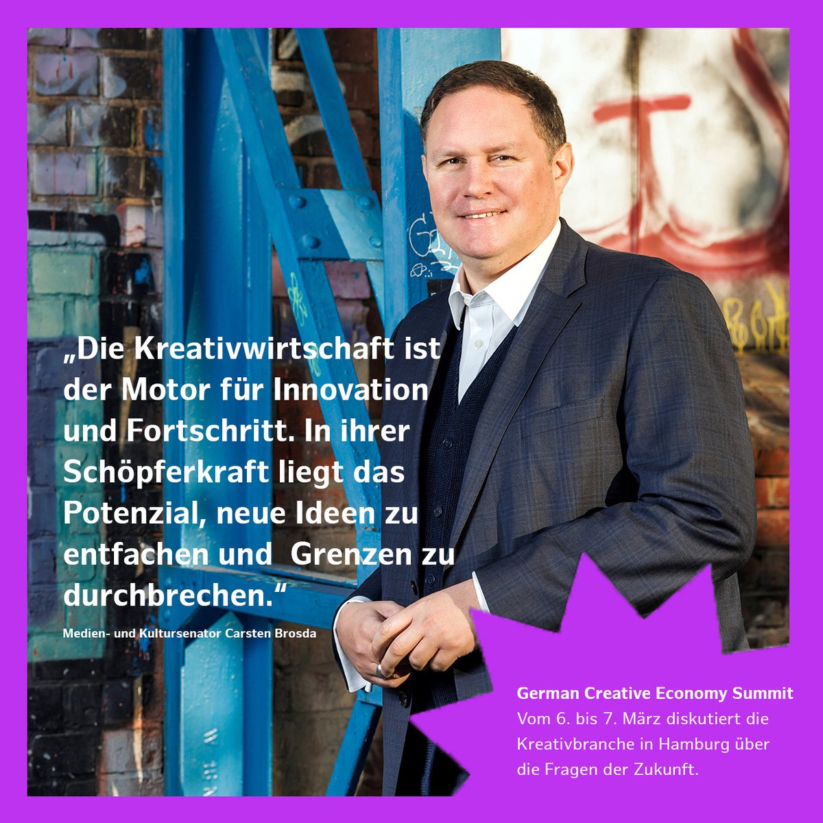 Nachhaltigkeit, Digitalisierung oder Inklusion – beim German Creative Economy Summit diskutiert die Kreativwirtschaft am 6. & 7. März in Hamburg, u.a. mit @CarstenBrosda, über die zentralen gesellschaftlichen Themen. Bring' deine Ideen ein! german-creative-economy-summit.de #GCES2024