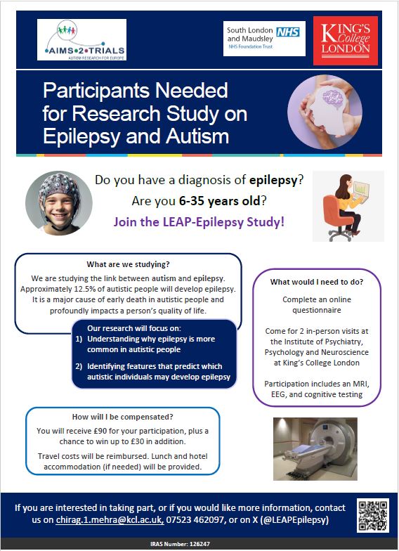 Epilepsy Action (@epilepsyaction) on Twitter photo Researchers at Kings College are investigating the link between epilepsy and autism.
If you have epilepsy and would like to help, contact @LEAPEpilepsy or email chirag.1.mehra@kcl.ac.uk Researchers at Kings College are investigating the link between epilepsy and autism.
If you have epilepsy and would like to help, contact @LEAPEpilepsy or email chirag.1.mehra@kcl.ac.uk