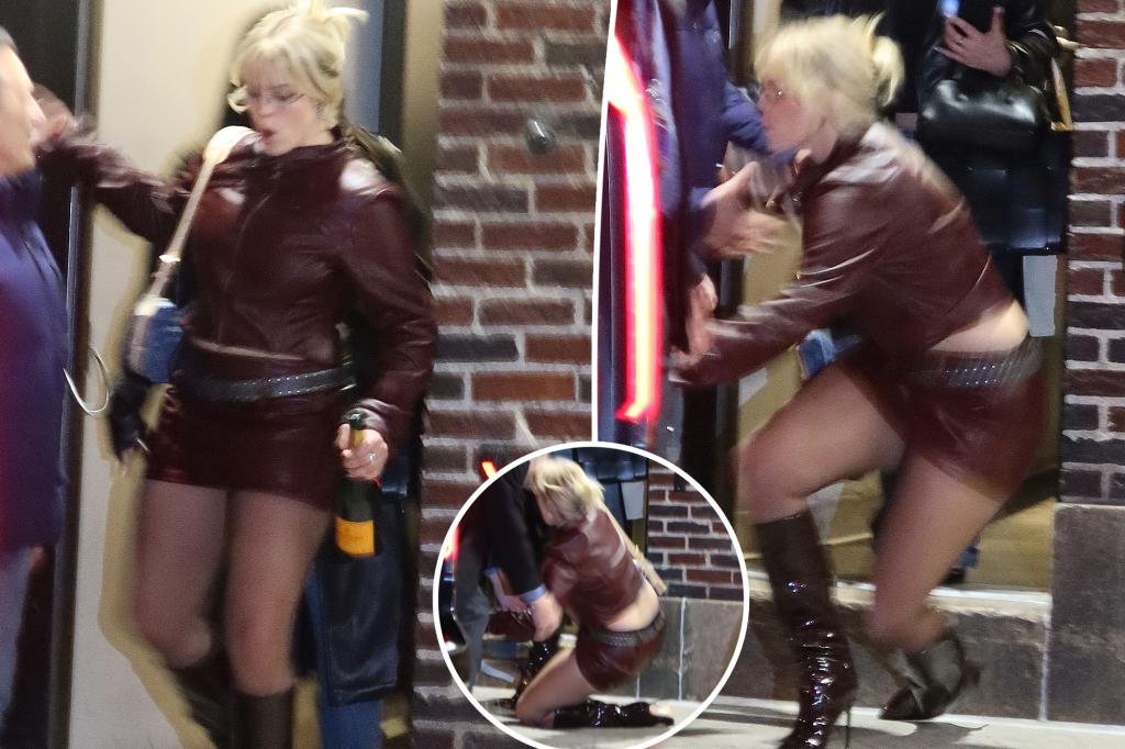 PageSix's tweet photo. ‘Mean Girls’ star Reneé Rapp takes a tumble in stilettos while carrying champagne bottle https://t.co/hIsaQ9Ol9E https://t.co/L3eG9iF2mU