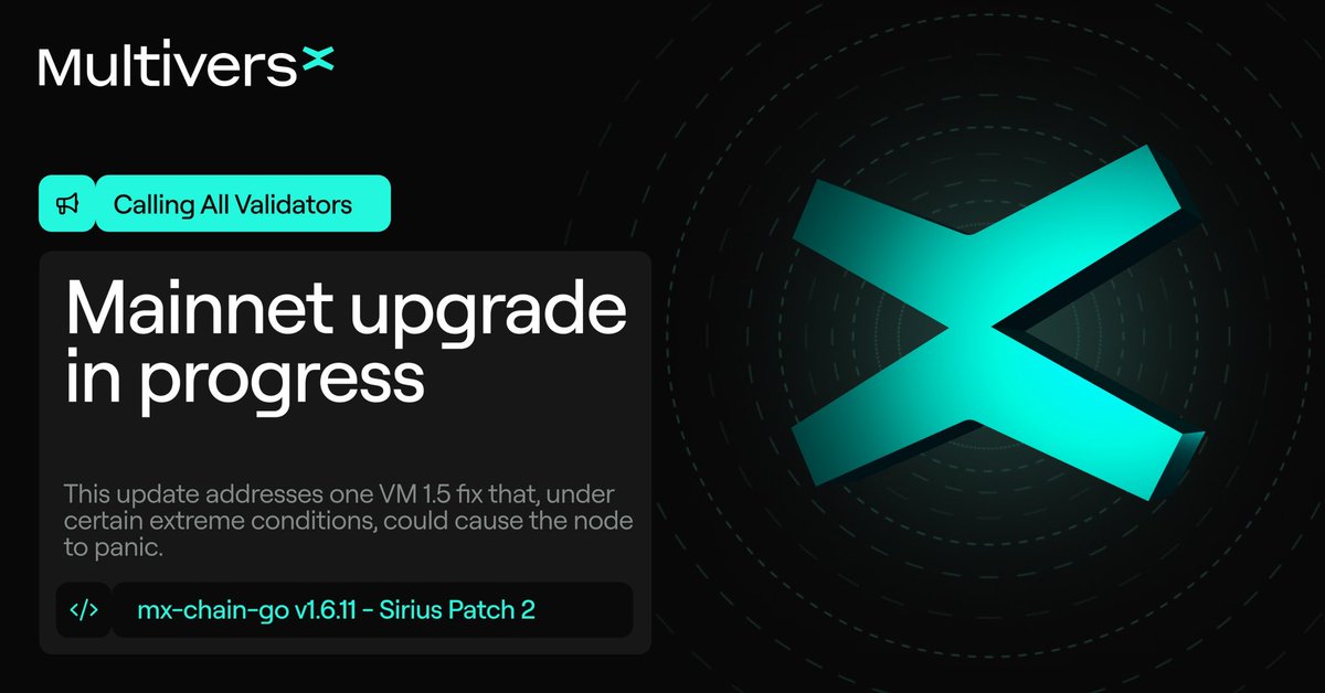 lucianmincu's tweet photo. A new @MultiversX protocol release has been deployed on the mainnet!
It brings an important fix on the soon-to-be activated VM 1.5.
Validators, itβs time to upgrade π₯π οΈ https://t.co/rNgszZekos