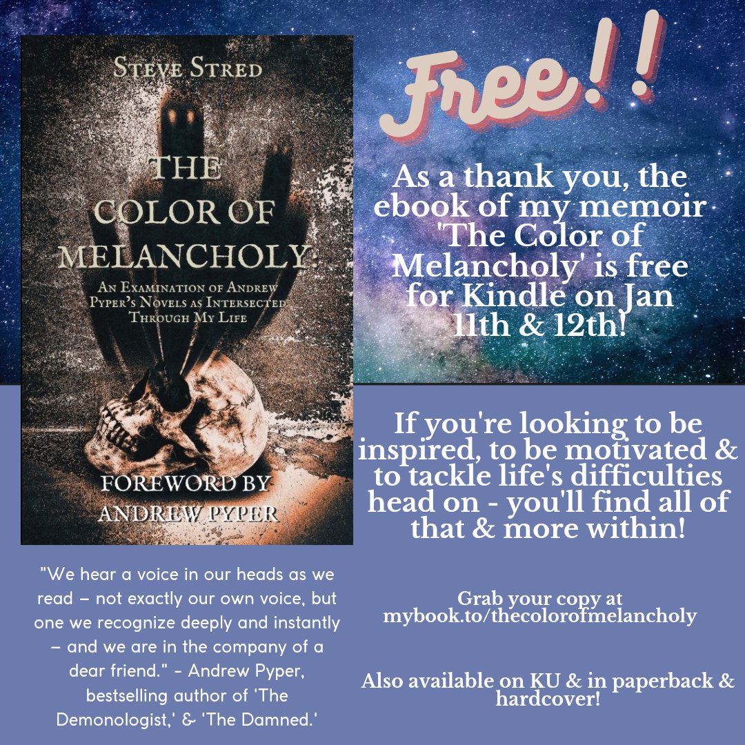 stevestred's tweet photo. Got an early January thank you FREE book today &amp; tomorrow for you all! Grab a copy of my memoir, 'The Color of Melancholy' for FREE &amp; come along on a fun adventure! Also - you got to read the amazing foreword from Andrew Pyper!
Grab it here 👇
https://t.co/zLugHiHwft https://t.co/XluO4TJ6Oz