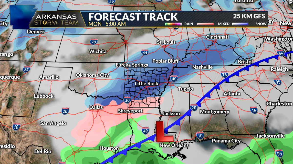 joel_off_air's tweet photo. The question now is starting to shift from "will it snow?" to "how much snow?" For that reason, I'm bumping the Snow Scale up to 5. 

I'd begin my preparations now because whatever sticks will likely stick around a few days. #ARwx https://t.co/Ko9KUfcCp7