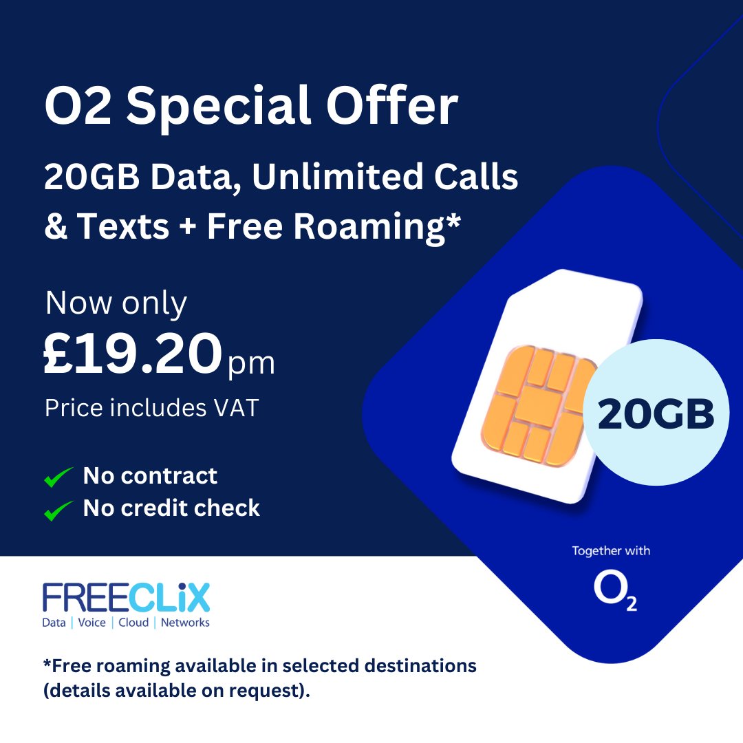 Don't miss out on our latest O2 SIM only offer. Get 20GB of data + unlimited calls &amp; texts for just £19.20 per month including VAT! 🤩

Buy Now: store.freeclix.com/products/o2-20…