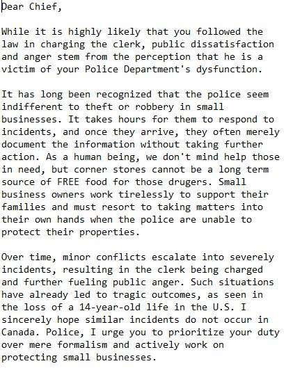 Jack20120815's tweet photo. @PtboChiefBetts Dear Chief,

While it is highly likely that you followed the law in charging the clerk, public dissatisfaction and anger stem from the perception that he is a victim of your Police Department's dysfunction. https://t.co/PTfIew4EvL