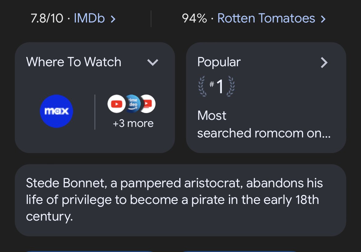 FeralNimrod's tweet photo. Most searched romcom. 94% fresh. Top featured on your own app. @StreamOnMax the numbers are there and have BEEN there. You can still reconsider and give #OurFlagMeansDeath its 3rd season. #SaveOFMD It’s the right move. @HBO @OurFlagOnMax https://t.co/yPQEOqfZU9