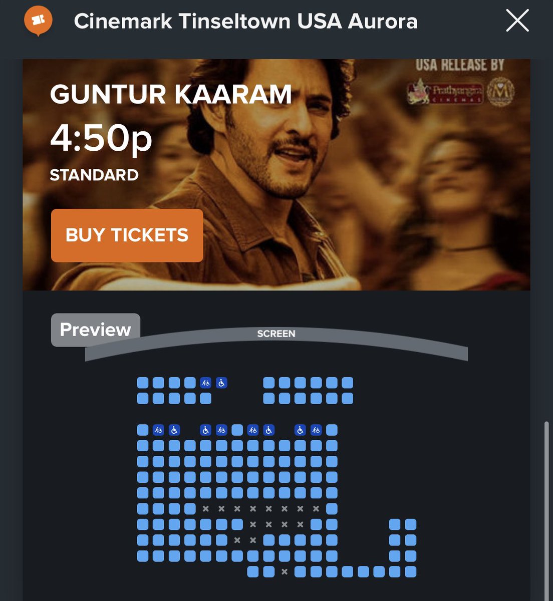 Maheshfans_USA's tweet photo. Attention (Aurora,IL) Superrr Fans !  

Cinemark Tinseltown USA Aurora Bookings Opened 🤞🏻💥

Finally After the long wait !! Grab your tickets 🎟️ Super Fans 

#GunturKaaramUSA #GunturKaaram
#GunturKaaramPremiersonJan11
#GkUsaBookingsUpdate https://t.co/8M7p1EGA3M