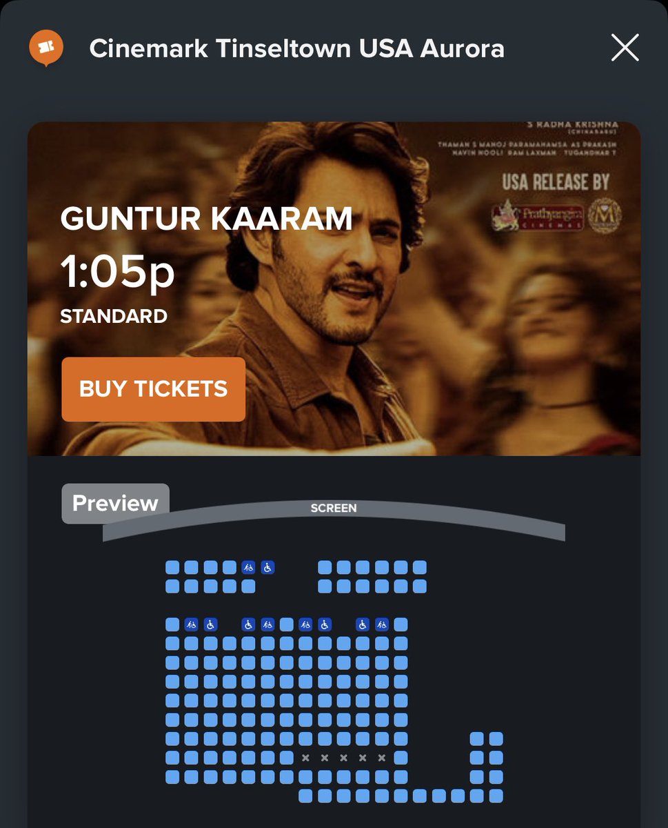 Maheshfans_USA's tweet photo. Attention (Aurora,IL) Superrr Fans !  

Cinemark Tinseltown USA Aurora Bookings Opened 🤞🏻💥

Finally After the long wait !! Grab your tickets 🎟️ Super Fans 

#GunturKaaramUSA #GunturKaaram
#GunturKaaramPremiersonJan11
#GkUsaBookingsUpdate https://t.co/8M7p1EGA3M