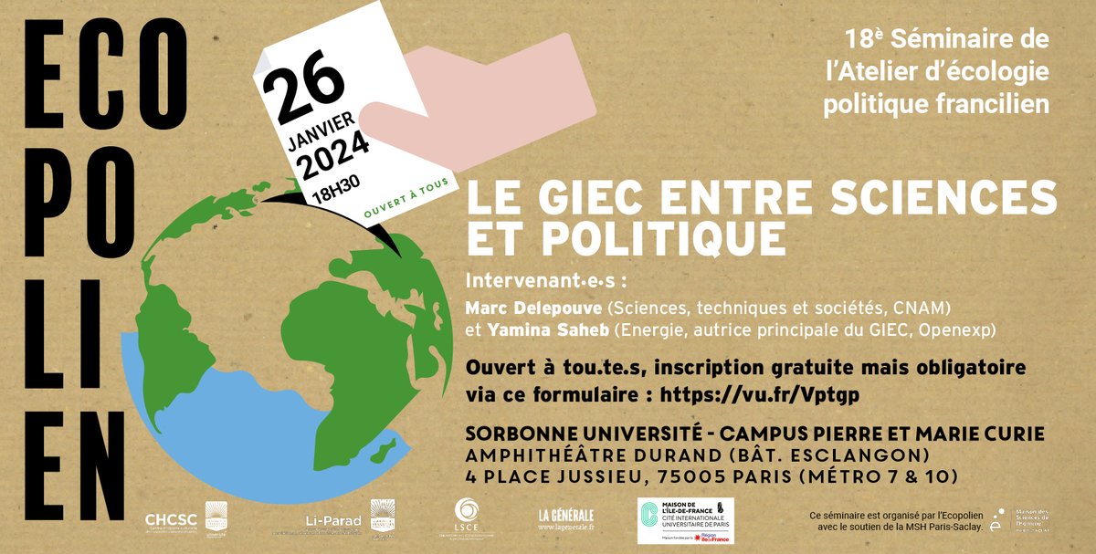 Pour son premier séminaire public 2024, l’Ecopolien accueillera Marc Delepouve (CNAM) et Yamina Saheb (autrice principale du GIEC), le vendredi 26 janvier 2024 à 18h30 sur le campus Pierre et Marie Curie de Sorbonne Université

ecopolien.org/events/le-giec…
