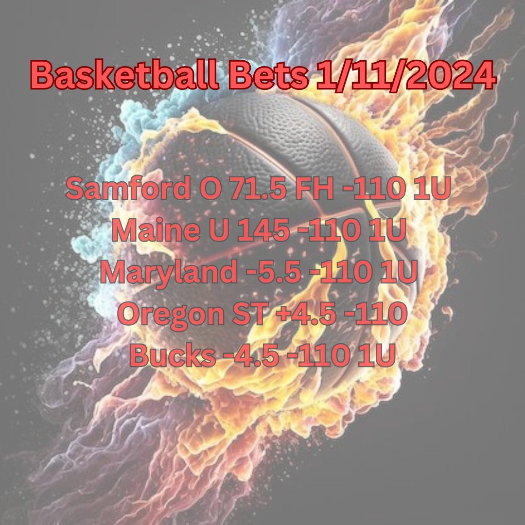 kryptonprobett's tweet image. 🏀Basketball Picks 1/11/2024 

Like + repost and i will send you +500 parlay in DM almost 99% sure we are going to hit one today

 #NCAAB 
Samford O 71.5 FH -110 1U
Maine U 145 -110 1U
Marylaund -5.5 -110 1U
Oregon ST +4.5 -110 1U

 #NBA 
Bucks -4.5 -110 1U

#gamblingx
