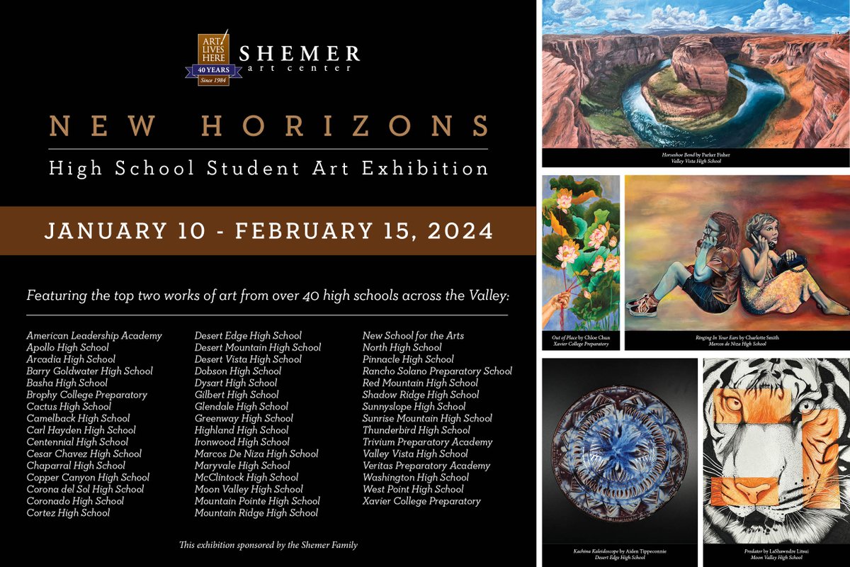 New Horizons highlights the art of artists from over 40 Valley high schools! As a new generation of #ArizonaArtists enters the #PhxArtCommunity, help welcome them by viewing this dynamic showcase!

5005 E Camelback Rd, Phoenix, 85018
10am-3pm, Tues-Sat, from Jan 10-Feb 15, 2024