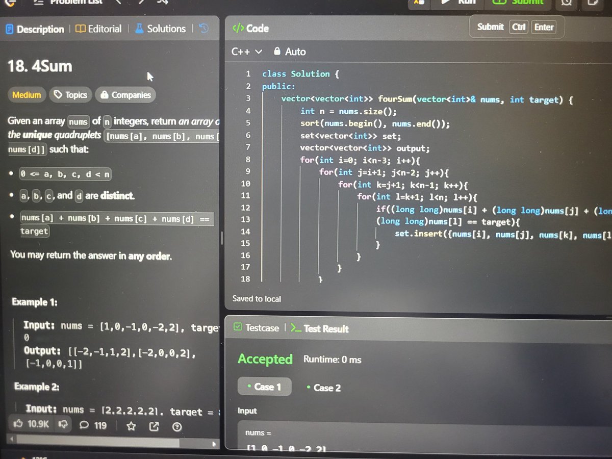 yashwan86699983's tweet image. 7/100 Day 7 Just tackled 5 challenging problems from A to Z sheets today! 💻🚀 Covered majority element, 3sum, 4sum, Pascal's Triangle, and nailed the Largest Subarray with 0 sum. 💪 and did daily leetcode #CodingJourney #AlgorithmChallenge #LeetCode #Programming"