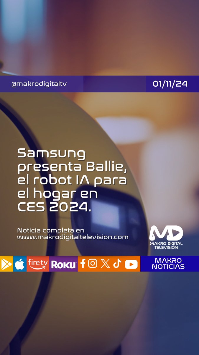 MakroDigitalTV's tweet image. Samsung presenta Ballie, su robot de hogar con IA en el CES 2024.
🤖🏡 #SamsungCES2024 #BallieRobot #IAenelHogar