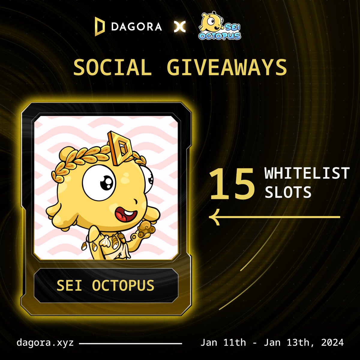 Abraca-tentacle 🪄! An 🐙 giveaway has appeared. 15 whitelist slots are waiting for you to grab.

- Follow <a href="/Sei_octopus/">Sei Octopus 🐙</a> &amp; <a href="/dagora_sei/">Dagora on Sei🚢</a>
- Like &amp; RT this post
- Comment your Sei Wallet address + #dagora #seioctopus #SeiNFT
Duration: Jan 11 - 13, 2024

Come aboard!