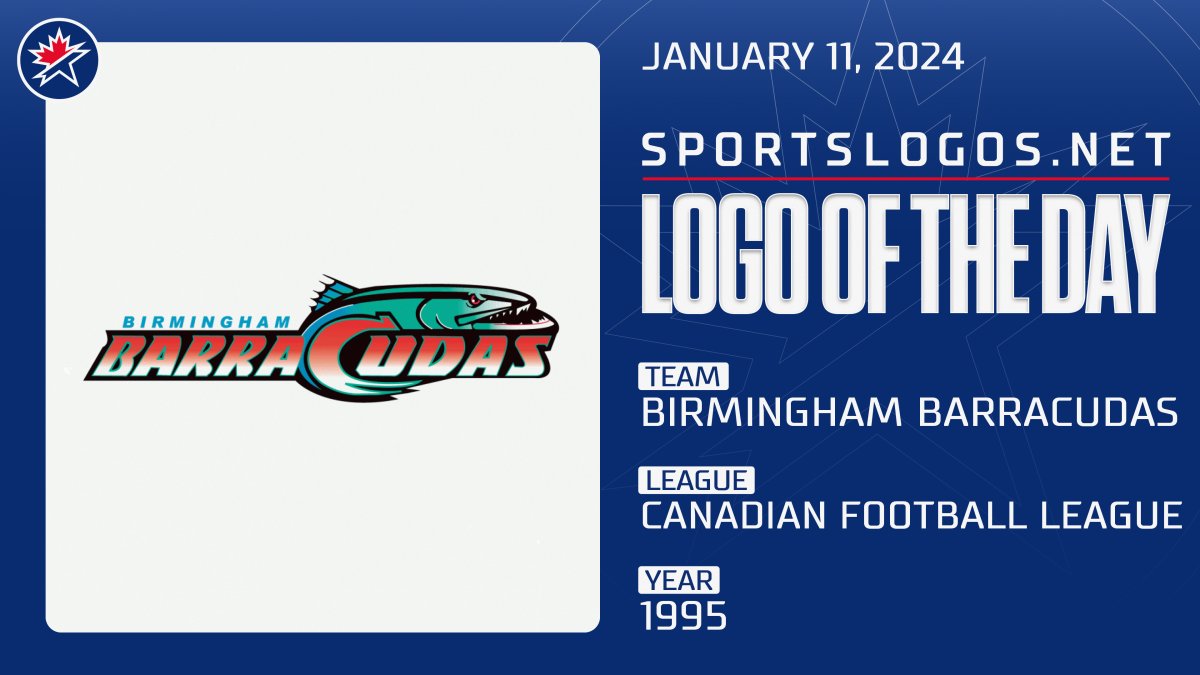 sportslogosnet's tweet photo. #LogoOfTheDay - January 11, 2024:
Birmingham Barracudas Primary Logo. The Cudas were the only Alabama-based team to play in the Canadian Football League #CFL. Born 29 years ago today in 1995, they lasted just a single season.
See it on the site here:
https://t.co/9N4DoKXXWw https://t.co/v6rxF4S1tX