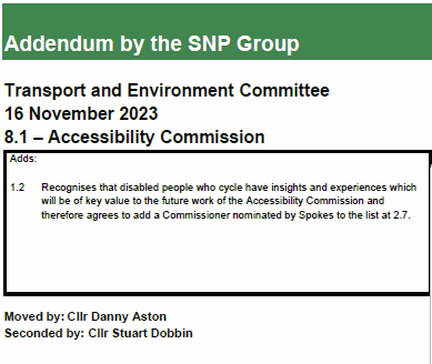 SpokesLothian's tweet photo. @DaveJFrench @DAstonSNP @toddles23 @CyclingEdin @SpokesPorty @Cyclesouthedin @EdinburghMinute @EdinReporter @WeAreMACS @Wheels4Well @Active_ATA @JimDensham @KirstyLewin @CllrScottArthur @julebandel @CouncillorCowdy @SanneDD @KatrinaFaccenda @kevin_lang @FinlayMcF @TransformScot @edi_dot_bike @thecockburn @johnrobson87 @portobellocc @EnergyPorty @SW20Ed @sto_paul #EdinWebCast : #AccessibilityCommission
@spokeslothian seeks representn for people who use🚲as mobility aid
@DAstonSNP amendt supports
Also @sannedd #LibDem who has personal experience
Officers: the Commission can discuss inviting Spokes rep
👍But committee agrees the amendt https://t.co/hLCpNbkiG1