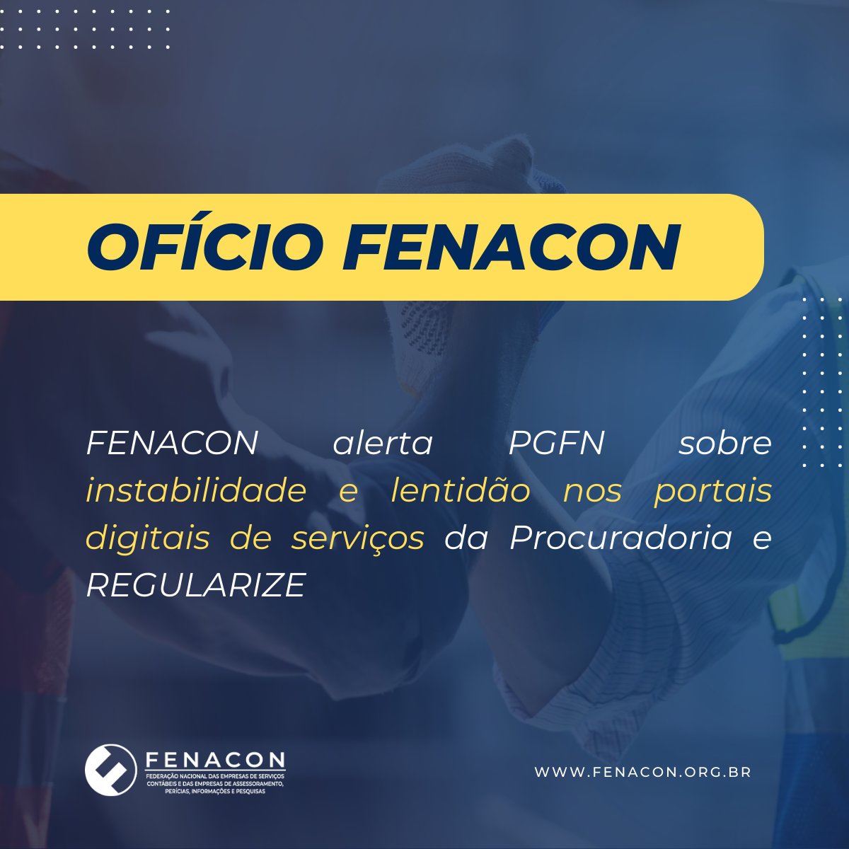 Fenaconfed's tweet photo. Nesta quinta-feira (11), a FENACON enviou um ofício à Procuradoria-Geral da Fazenda Nacional (PGFN) alertando sobre instabilidade e lentidão nos portais digitais de serviços, como REGULARIZE.
Leia o ofício na íntegra: https://t.co/PHRcg5uz0P
#fenacon #pgfn #simplesnacional #mpe https://t.co/jJ97z0QK5E