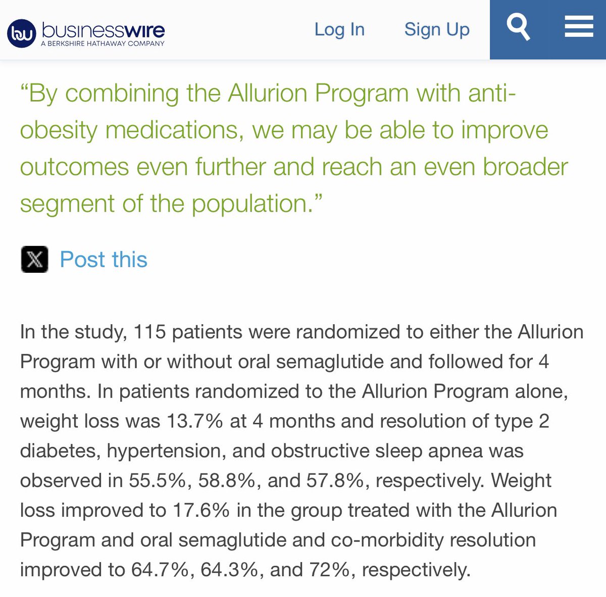 In a new study (pending publication) of patients with obesity and ABCDs (N=115) randomized to Allurion vs. Allurion + Sema, both cohorts demonstrated impressive weight reduction and improvements in ABCDs in as little as 4 mo. Looking forward to the pub. 
businesswire.com/news/home/2024…